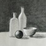 Still life drawing of two jars, a bowl, and a ball